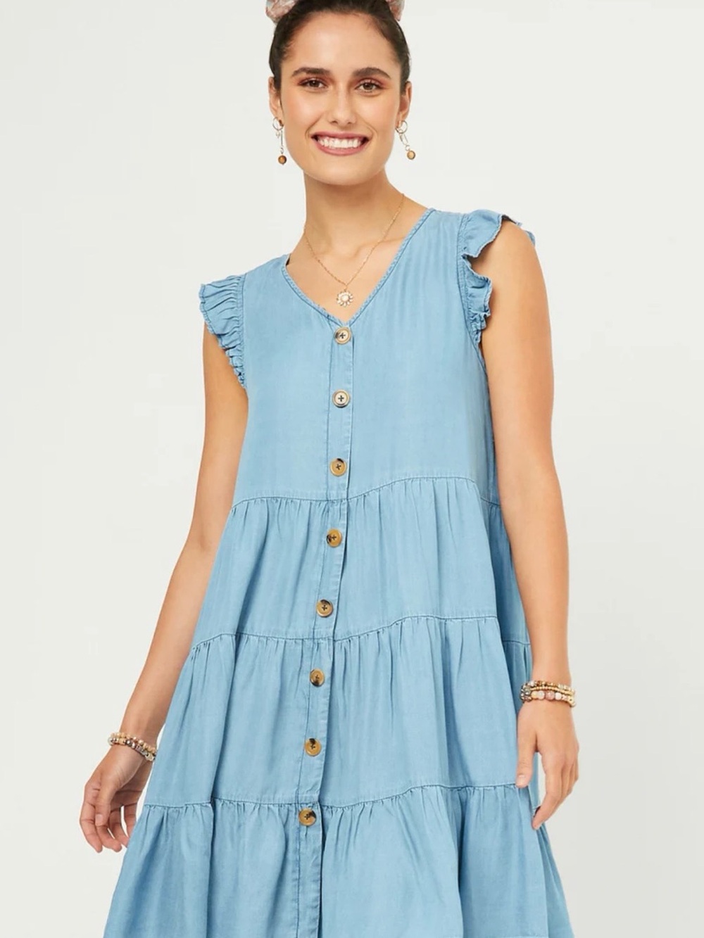 Hayden Los Angeles Light Blue Ruffle Button Down Tiered Mini Dress - Large